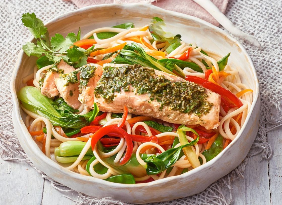 Lime & Coriander Steamed Salmon With Udon Noodles