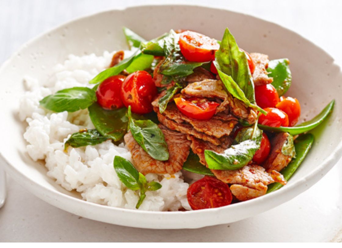Pork Basil And Red Curry Stir-Fry With Coconut Rice (G-F)