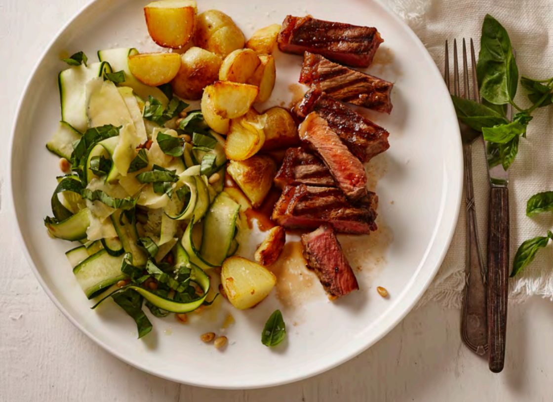 Beef Steaks With Zucchini Salad And Garlic Potatoes (G-F)