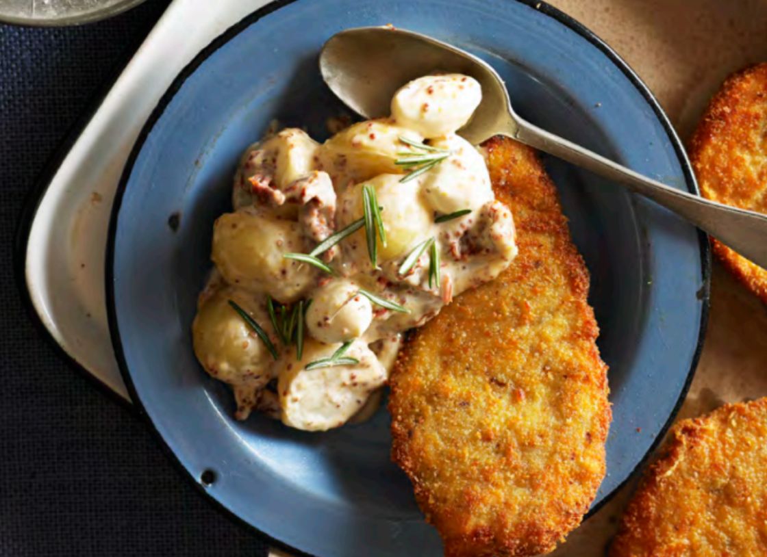 Basil Chicken Schnitzel With Creamy Mustard Potatoes