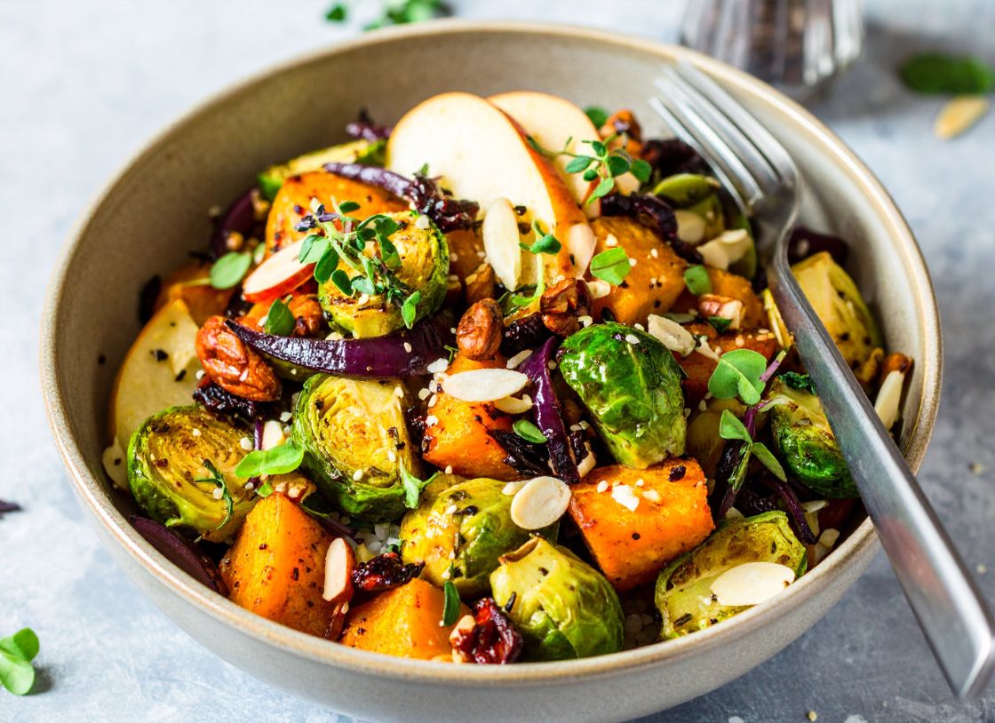 Herb-Roasted Sweet Potato, Sprouts & Pear Platter
