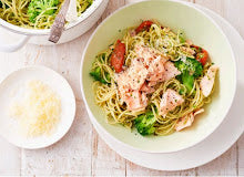 Salmon And Broccoli Spaghetti With Coriander Almond Pesto