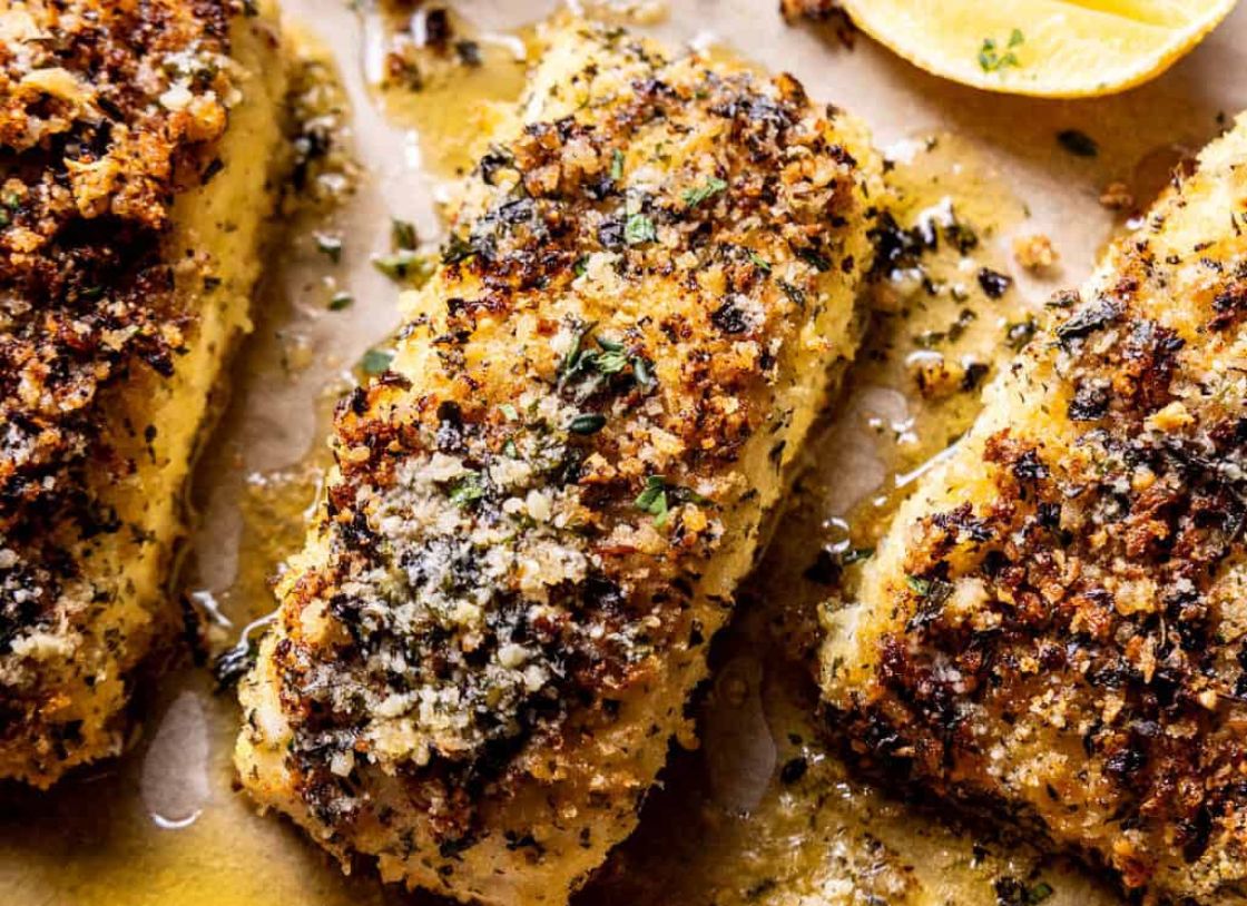 Parmesan Garlic Butter Crusted Flake Fish With Roast Chats And Salad