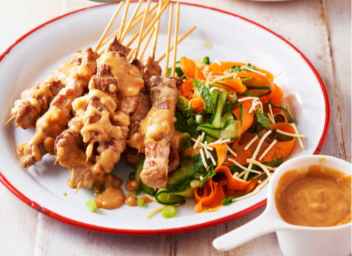 Satay Pork Skewers With Pickled Cucumber And Crunchy Fried Noodles