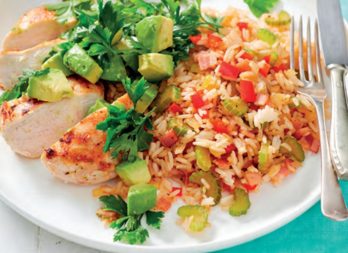 Chicken With Cajun Rice And Avocado Lemon Salad
