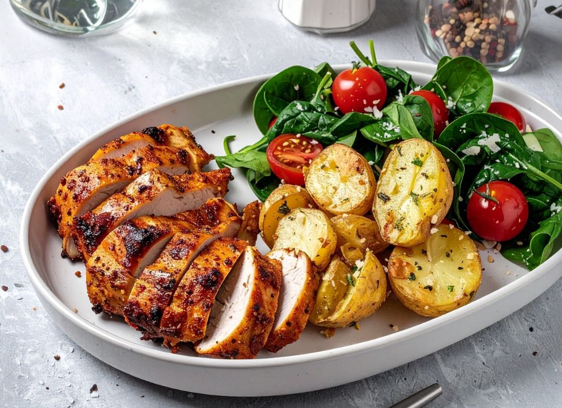 Portuguese Spiced Chicken With Chat Potatoes & Spinach-Rocket Salad
