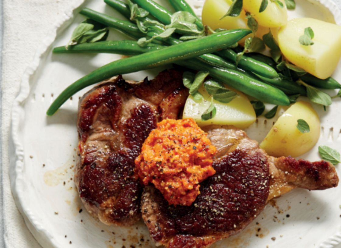 Lamb With Chat Potatoes, Green Beans And Tomato Pesto