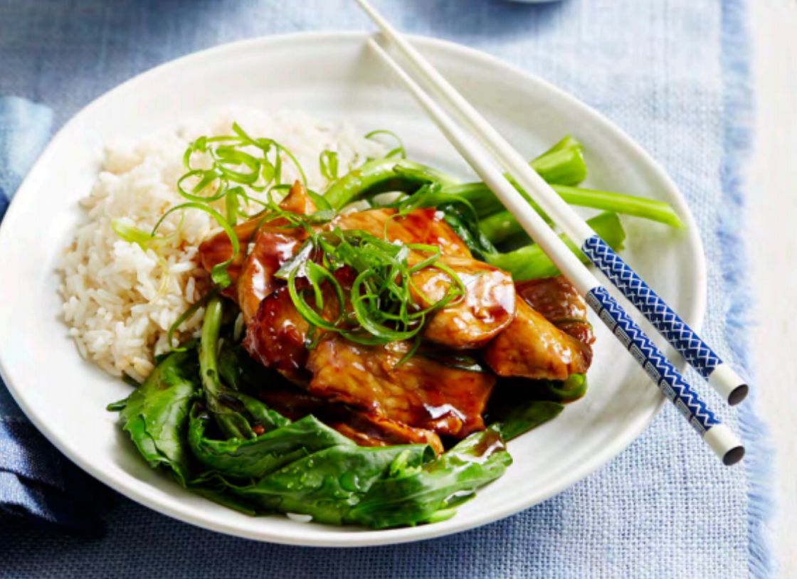 Sticky Pork With Rice And Bok Choy