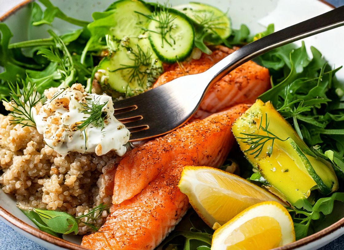 Roasted Salmon And Quinoa Bowl With Creamy Dill Yogurt Dressing