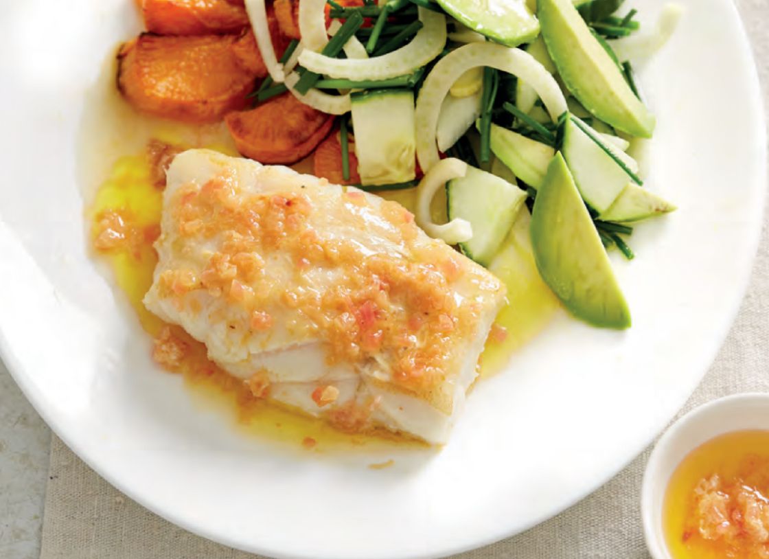Rockling With Lemon Butter, Sweet Potato And Avocado