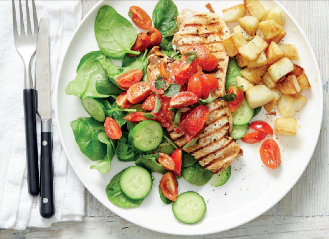 Vinaigrette Chicken With Tomatoes, Spinach And Potatoes