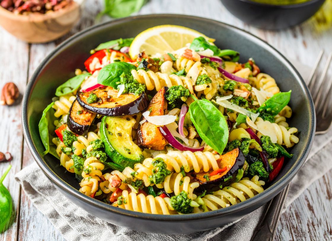Balsamic Roast Vegetable Spiral Pasta Salad With Pesto Dressing