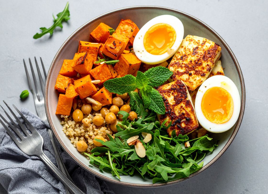 Sweet Potato, Quinoa & Haloumi Bowl With Peppery Rocket