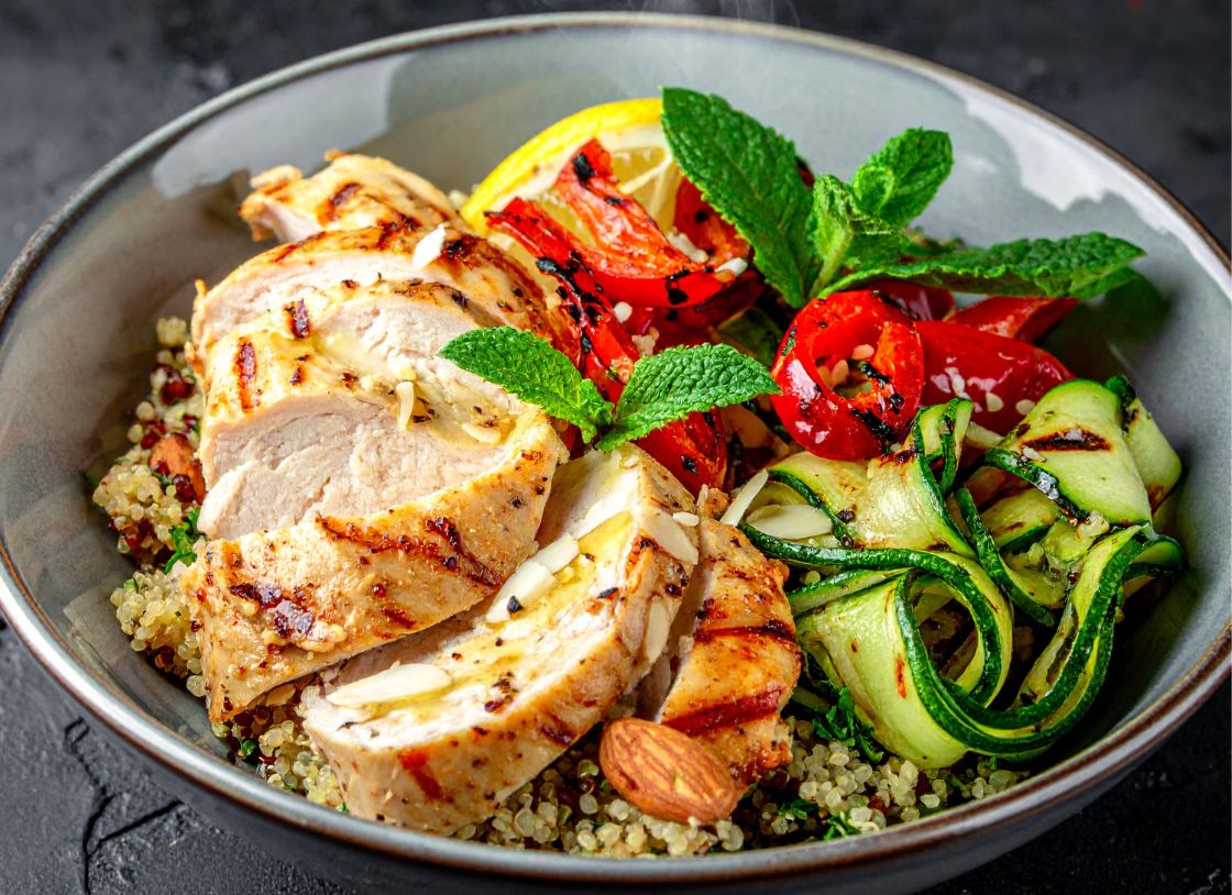 Grilled Chicken, Zucchini & Quinoa Bowl With Lemon-Mint Dressing (G-F)