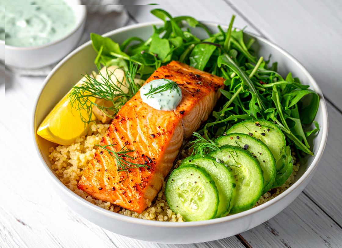 Roasted Salmon And Quinoa Bowl With Creamy Dill Yogurt Dressing (G-F)
