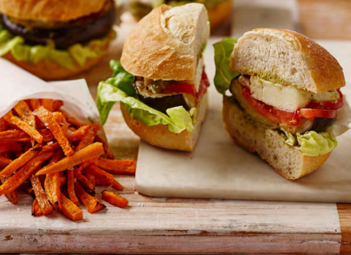 Eggplant And Haloumi Burgers With Sweet Potato Fries
