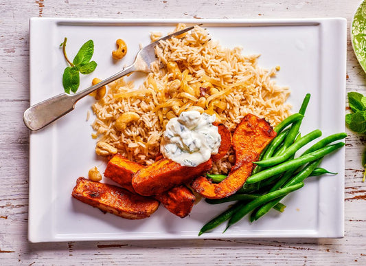 Roast Tandoori Pumpkin With Onion Cashew Rice