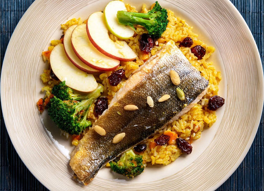 Mustard Fish With Curry Rice, Apple And Almonds