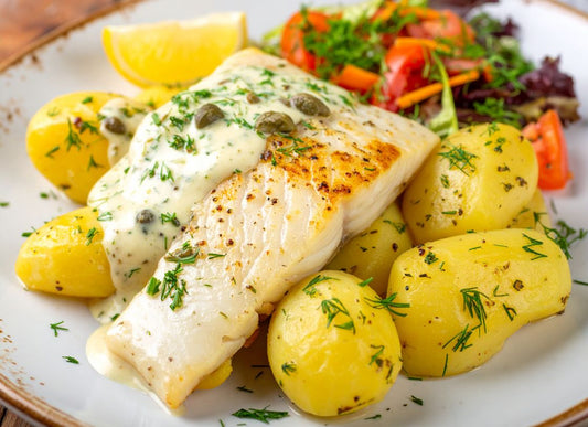 Crispy-Skin Barramundi With Herb Potato Salad & Lemon Caper Sauce (G-F)