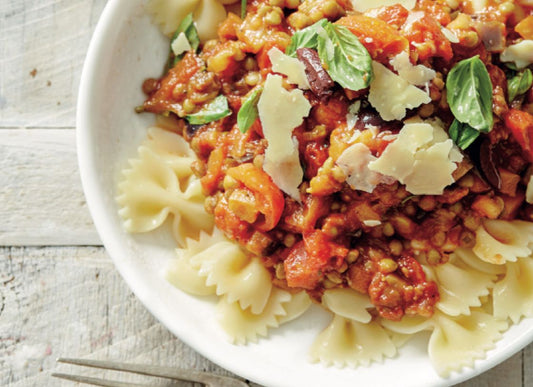 Farfalle With Eggplant, Lentil And Olive Ragu
