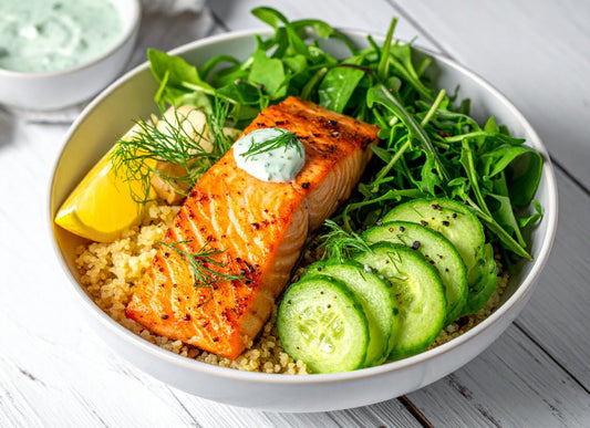 Roasted Salmon And Quinoa Bowl With Creamy Dill Yogurt Dressing (G-F)