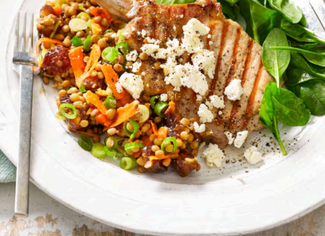 Pork With Cumin-Spiced Carrots, Lentils And Dates