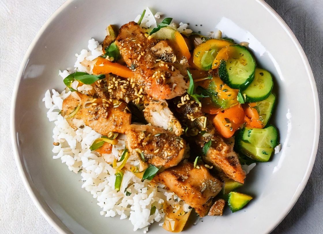 Coconut Rice And Chicken With Smashed Cucumber Salad