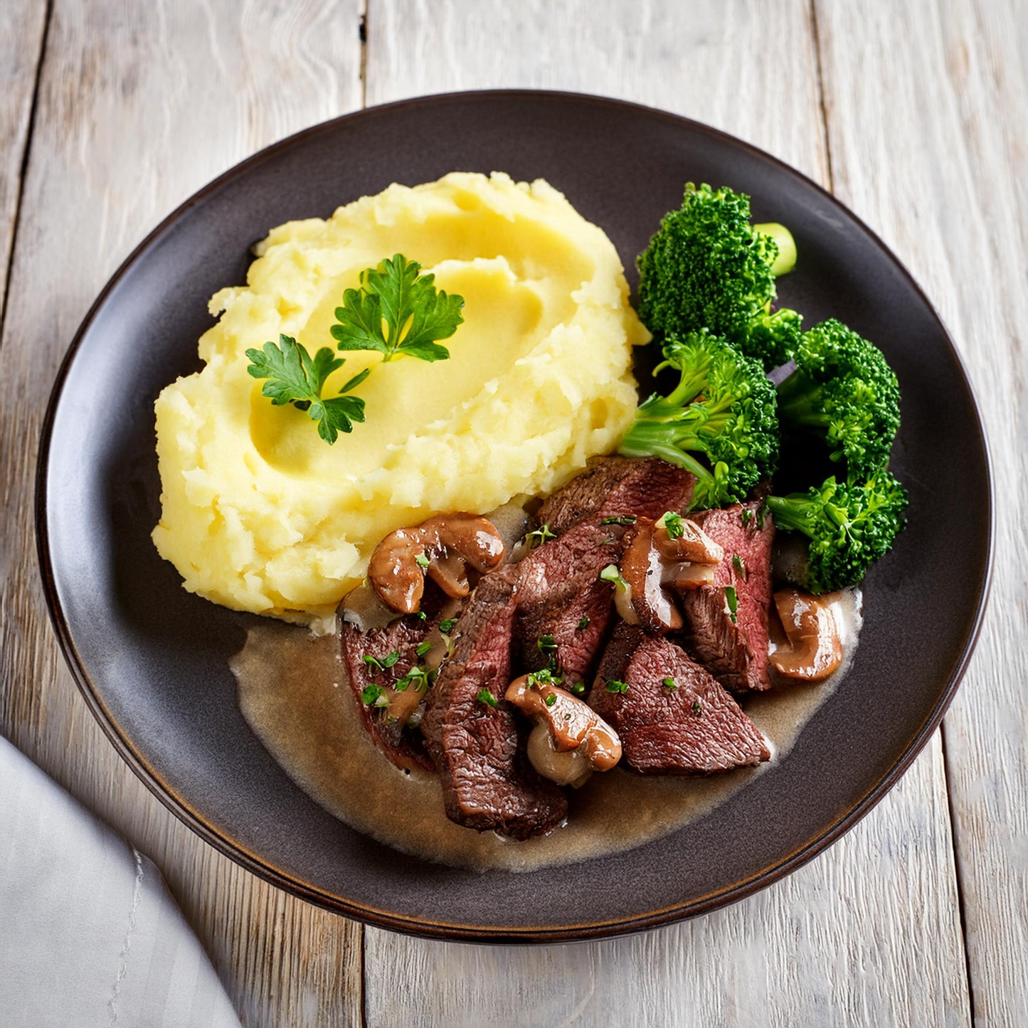 Garlic Beef With Buttery Mash, Mushrooms And Broccoli