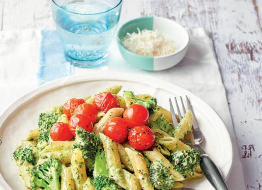 Green Vegetable Pesto Penne With Balsamic Cherry Tomatoes